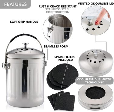 Преміум контейнер для компосту для кухні з нержавіючої сталі Без запаху - Контейнер для органічних відходів - У комплекті з безкош