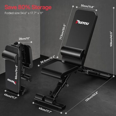 Регульована лава для штанги PASYOU з багатофункціональною тренувальною лавкою на 90 градусів, похила лава, швидко складана лава для жиму лежачи для домашнього використання, вантажопідйомність 400 кг, стійка для штанги