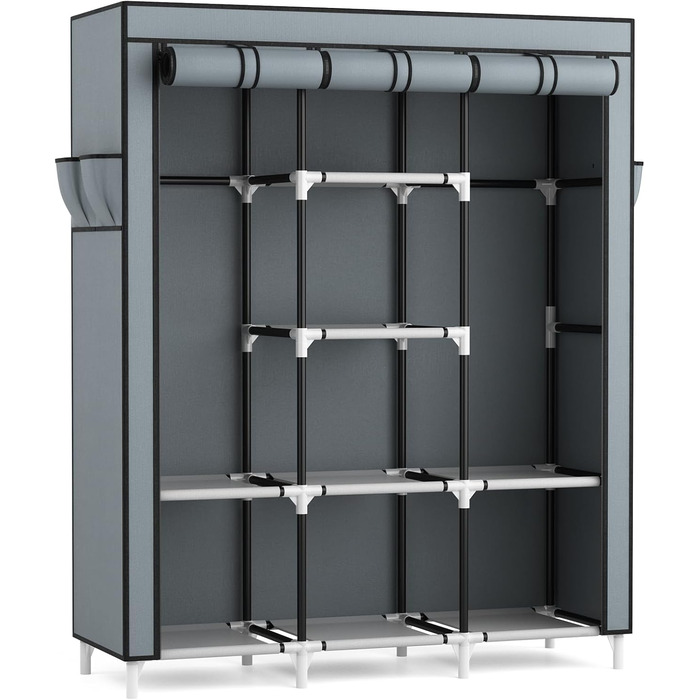 Велика тканинна шафа з 2 рейками для одягу та 8 полицями, складна шафа з кришкою, переносна шафа для гардеробної/спальні (сіра, 124 x 42 x 162 см)