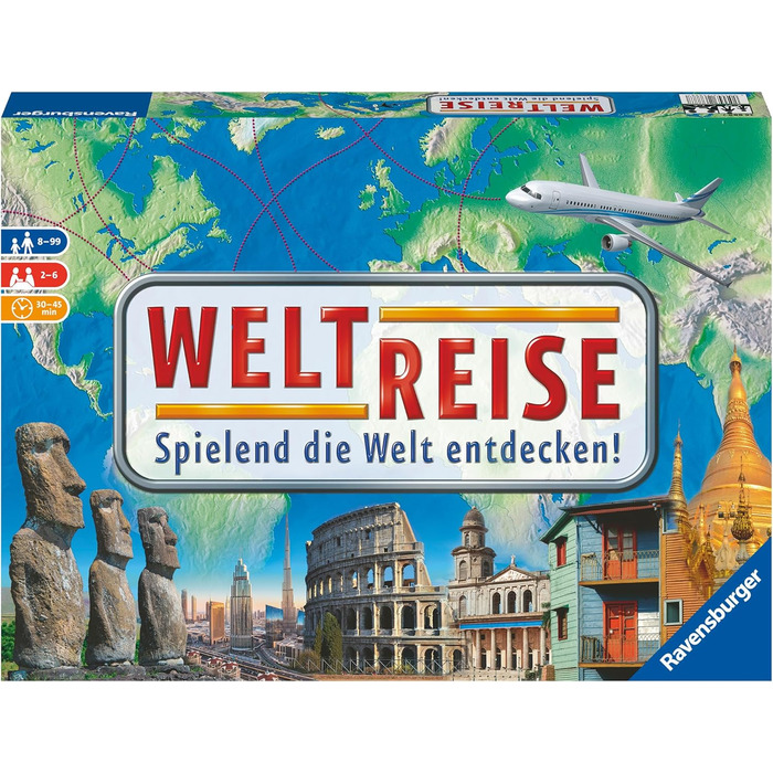 Настільна гра, навколосвітня подорож, настільна гра для 6 гравців - понад 170 міст Одиночна, 26888 - Weltreise - Familienklassiker ab 8 Jahren -