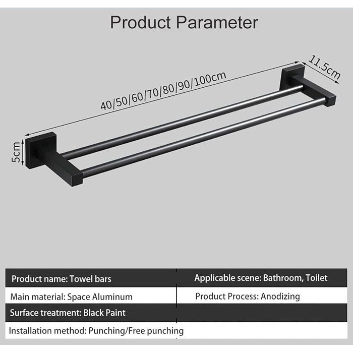 Рушникосушка Чорний, Рушникосушка Свердління Нержавіюча сталь Гостьова рушникосушка Тримач для ванни Тримач для рушників для ванної кімнати Подвійний тримач для рушників для ванної кімнати та кухні, 90