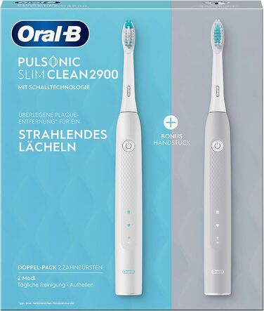 Електрична звукова зубна щітка/електрична зубна щітка Oral-B Pulsonic Slim Clean 2900, подвійна упаковка з 2 щітками, 2 режими чищення, сіра/біла щітка та щітки Pulsonic Clean, 2 шт. и