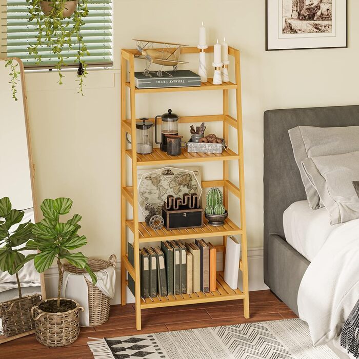 Полиця для ванної кімнати VIAGDO, полиця-драбина з 4 ярусами, книжкова полиця, полиця для взуття, полиця для рослин, полиця для балкону, полиця для квітів, багатофункціональна бамбукова полиця для невеликих приміщень, натуральний бамбук