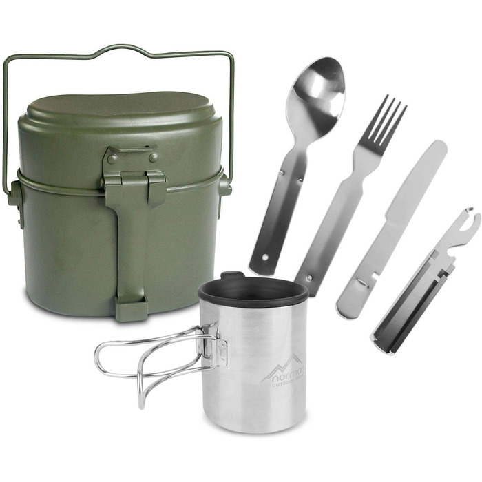 Похідний набір посуду у військовому стилі каструля Бундесверу, 5-предметний столовий набір та чашка з відкидною ручкою та кришкою. Іржавісткий, термостійкий, колір оливковий.