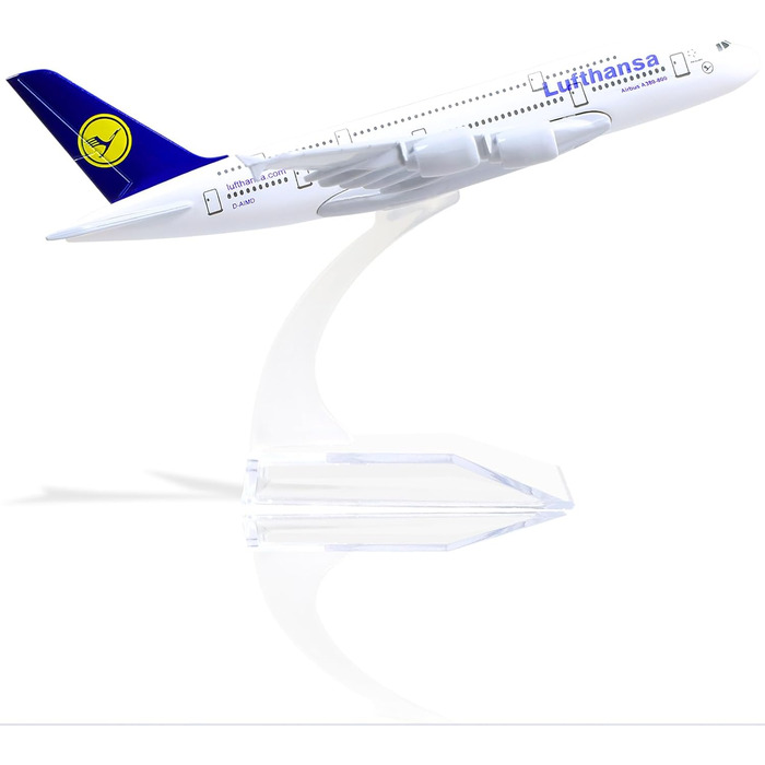 Металева модель літака Airbus A380 авіакомпанії Lufthansa в масштабі 1/400 з підставкою (15 см завдовжки), підходить для авіаційних ентузіастів як подарунок або декорація для виставки. 01.lufthansa