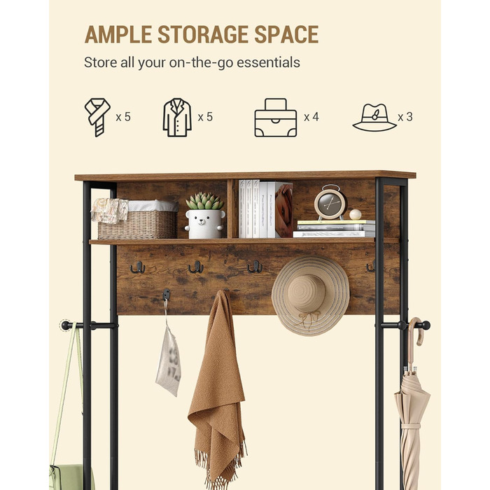Вішалка для одягу Hzuaneri з лавкою для взуття, шафа з 13 гачками, 14 відкритими відділеннями, регульовані полиці, вішалка для одягу для коридору, вхідної зони, 31 x 108 x 187 см, вінтажний коричнево-чорний HT17901B