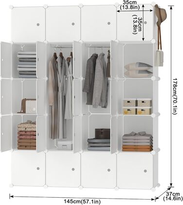 Шафа для зберігання речей HENGMEI, система полиць для самостійного виготовлення, PP-пластик з дверима, водонепроникна та пилонепроникна для спальні та ванної кімнати (20 коробок, білий)
