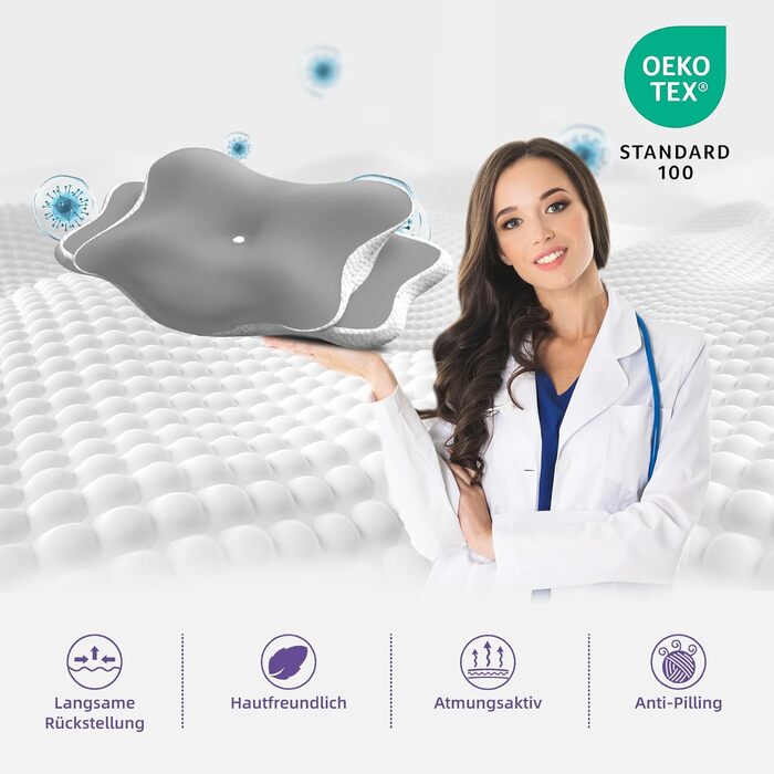 Подушка для шиї MEINZII&39S, ергономічна подушка, ортопедична подушка для сну на боці, спині та животі (сріблясто-сіра)