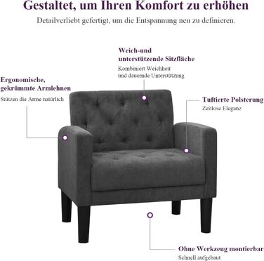 Крісло GRAVFORCE з м&39якою спинкою, зручне та сучасне м&39яке крісло для вітальні, спальні, офісу, крісло для відпочинку, крісло для клубу, вантажопідйомність 136 кг, темно-сіре