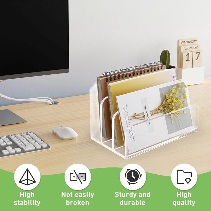 Акриловий тримач для листів з 3 відділеннями Настільний органайзер для листів Прозорий органайзер для пошти Лоток для листів пропонує більше місця для зберігання Елегантний лоток для документів
