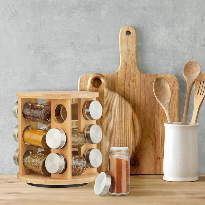 Карусель для спецій Relaxdays, 12 банок для спецій, підставка для спецій, що обертається на 360, ВxГ 21 x 21 см, бамбук, полиця для спецій, натуральний колір