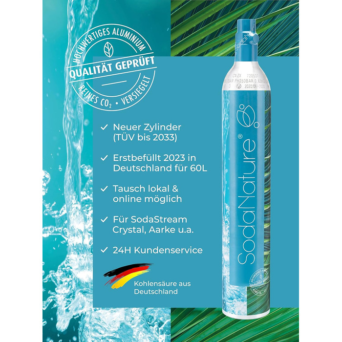 Преміальний 60-літровий циліндр CO2 для SodaStream (крім QC), Aarke тощо Нові та вперше заповнені в Німеччині Натуральна вугільна кислота для 2 шт. 60л TV до 2032 року 425 г, 2 шт.