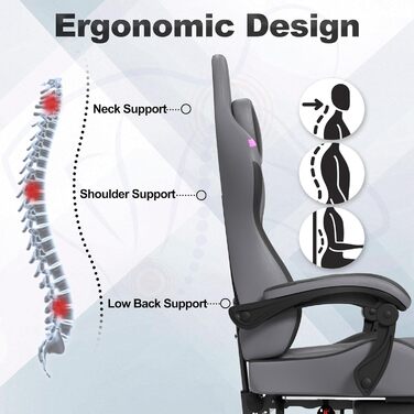 Ергономічне ігрове крісло UISEBRT з масажем та підставкою для ніг, зручне ігрове крісло, регульована спинка, підголівник та масажна поперекова подушка - сірий, чорний та фіолетовий