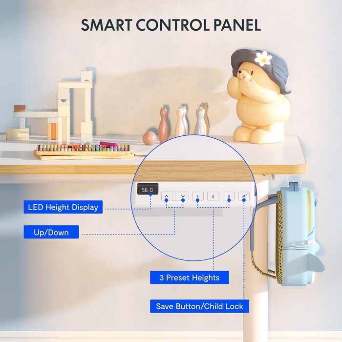 Дитячий письмовий стіл FLEXISPOT, з електричним регулюванням висоти, для дітей віком від 6 років, зі світлодіодним дисплеєм висоти, 3 положеннями пам&39яті, блокуванням від дітей та ергономічною стільницею, 110 x 52 см, білий