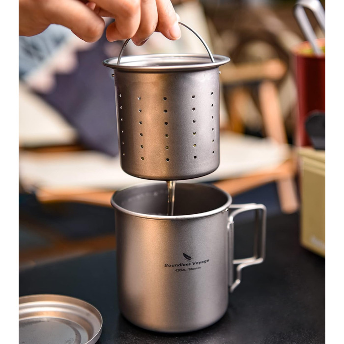 Титанова кружка iBasingo 420 мл з ситечком для чаю та кришкою Легка чашка з фільтром Кемпінг на відкритому повітрі Одношарова чашк