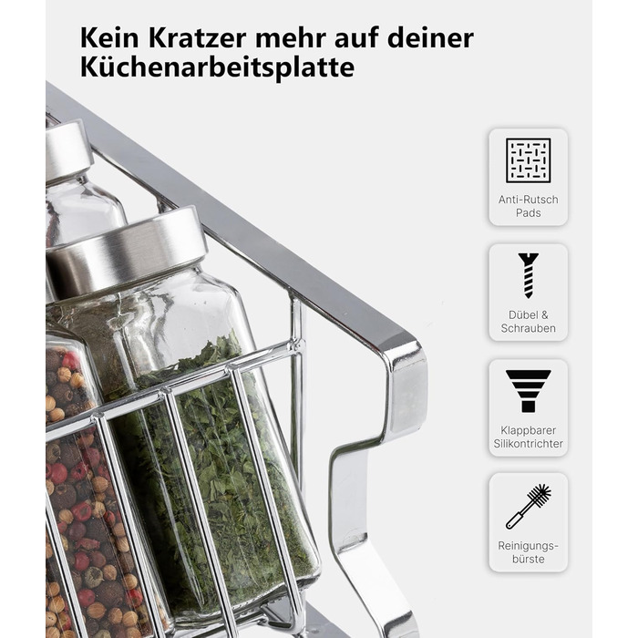 Квадратна підставка для спецій Deco haus з банками для спецій - Банки для спецій з полицею - Настінна підставка для спецій, підставка для спецій з набором з 24 банок для спецій - Металева підставка для спецій, не потребує свердління, хром - Набір з 24 пре