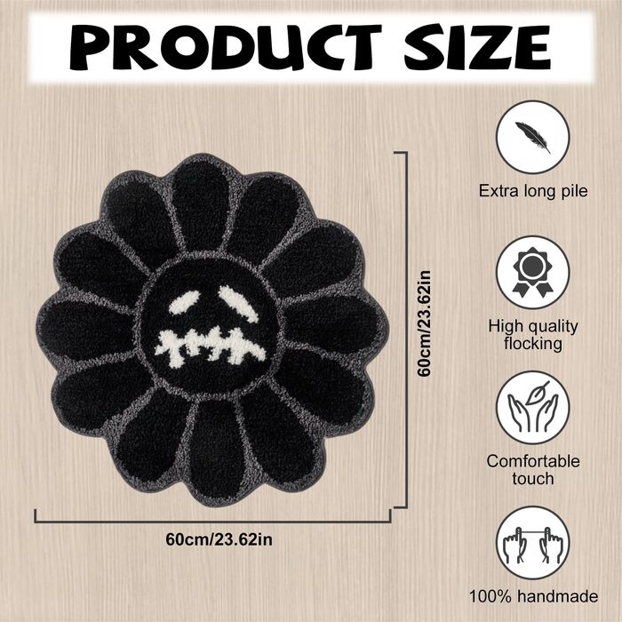 Круглий килим Trippy Happy Face, крутий готичний килим з черепом, круглий, нековзний, швидковисихаючий, флокований, можна прати, м&39який, килимок для ванної кімнати для спальні, вітальні, їдальні