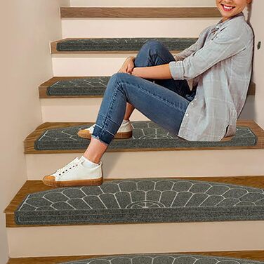 Килимових покриттів для сходів, нековзні, без клею, виготовлені з TPR, із самопоглинаючою основою, накладки на сходинки з напівкруглим візерунком, легко очищаються для гвинтових сходів, безпечні, із загнутими краями, сірі, 5