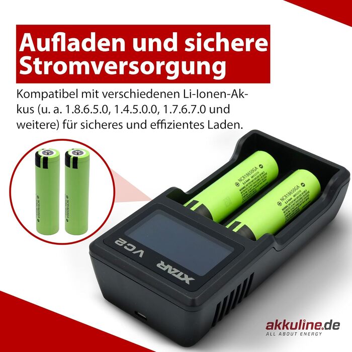Зарядний пристрій XTAR VC2 з 2 відсіками, включаючи 2 літій-іонні акумулятори (3,45 Аг, живлення від USB - 3,6 В), елементи з піднятим позитивним виводом, незахищені
