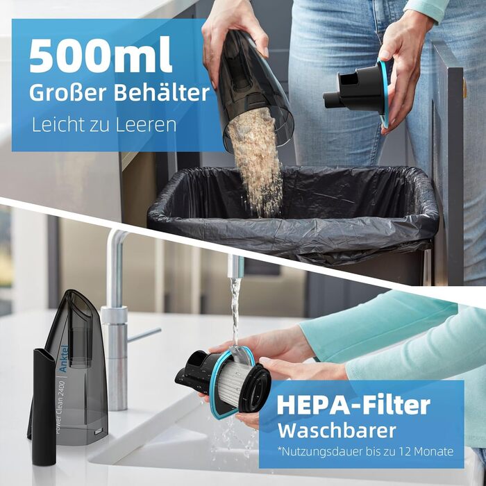 Ручний пилосос Anktel 9000Pa зі світлодіодним підсвічуванням Ручний пилосос акумуляторний для вологого та сухого прибирання з миюч