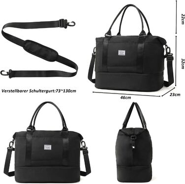 Дорожня сумка TANTOMI Ручна поклажа, Жіноча спортивна сумка, 46x23x32 см, Сумка для ручної поклажі, Сумка на вихідні, Водонепроникна дорожня сумка, Сумка для тренувань, Сумка для лікарні, Сумка для народження, Підходить для відпочинку, Кемпінгу, Чорна 1-2