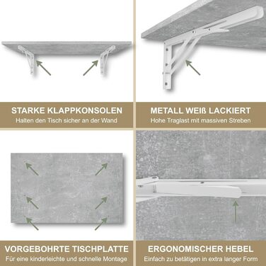 Настінний розкладний стіл KDR 80x50 см, під бетон Складаний стіл для настінного монтажу як обідній стіл, письмовий стіл, кухонний стіл або робоча зона Компактний та універсальний, сірий