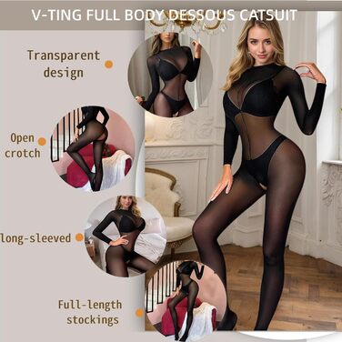 Сексуальний жіночий бодістокінг V-Ting, чорний, довгі рукави, з відкритим доступом в інтимній зоні