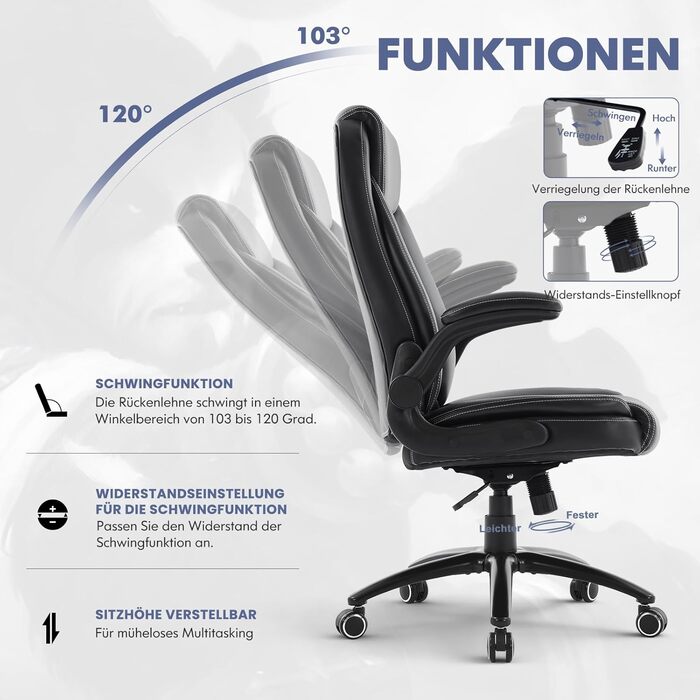 Ергономічне офісне крісло COLAMY, поворотне на 360 крісло для керівника з відкидними підлокітниками, регульована спинка, висота та нахил, чорне