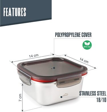 Контейнер для харчових продуктів квадратний, нержавіюча сталь 18/10, 650 мл. Підходить для мікрохвильової печі, духовки, морозильної камери та посудомийної машини, герметичний, з 4 затискачами, не містить BPA., 64613 Ecoinox