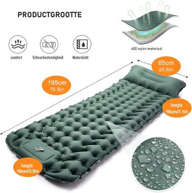 Самонадувальний килимок для кемпінгу CALIYO потовщений надувний матрац з ножним насосом, надлегкий та водонепроникний Інтегрована подушка, невеликий розмір у упаковці для активного відпочинку, походів, наметів та подорожей, одномісний хакі, 195 см x 65 см