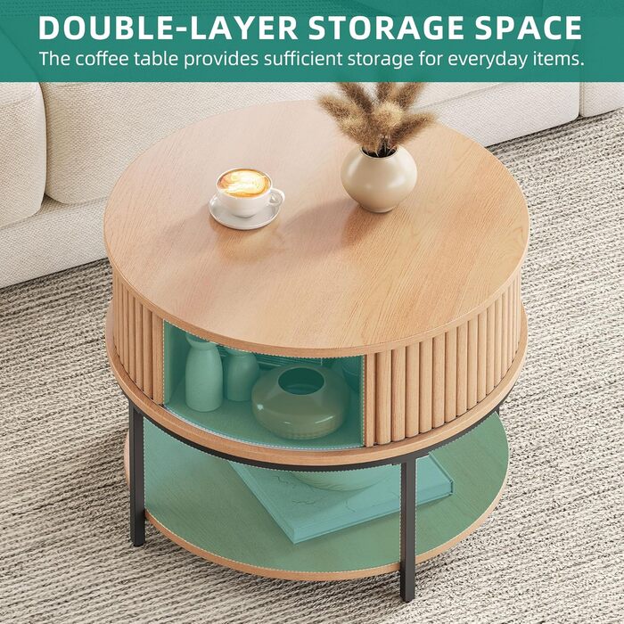 Круглий журнальний столик YITAHOME, журнальний столик з 2-рівневим місцем для зберігання, журнальні столики з розсувними дверима в дизайні тамбура для вітальні, дерев&39яні журнальні столики, дуб класичний