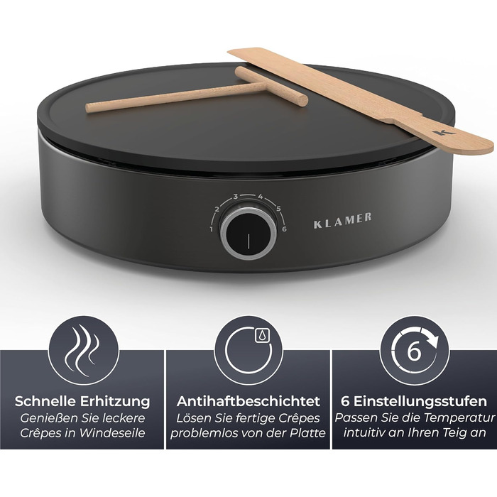Млинниця KLAMER, велика поверхня для випікання діаметром 33 см, плита з антипригарним покриттям, вкл. тісторозділювач і дерев'яний