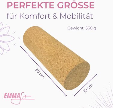 Ролик для фасцій EMMAfit Cork Нековзний корковий ролик для тригерних точок та напруження Невеликий ролик для фасцій з натурального корка Гігієнічний та екологічно чистий Міцний ролик для масажу фасцій 30 x 10 см
