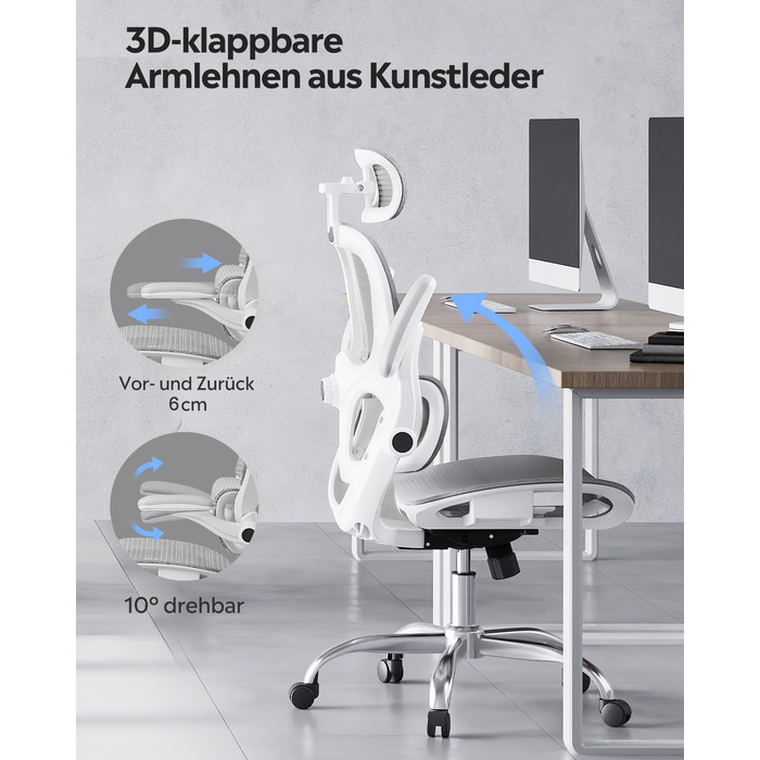 Ергономічне офісне крісло DEVAISE Робоче крісло із сегментованою спинкою, регульованим підголівником та поперековою опорою, 4D-підлокітниками, функцією гойдання, високою спинкою, для офісного використання, до 180 кг, сірий колір