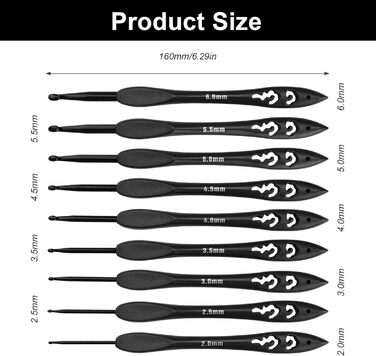 Гачок для вязання LWLWA, 9 предметів, 9 розмірів, чорні гачки для вязання, набір гачків із пластиковою ручкою, ергономічний, елегантний ретро, для початківців та ентузіастів
