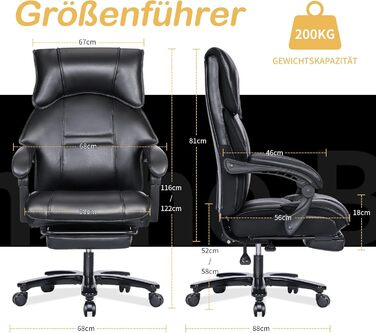 Ергономічне офісне крісло, вантажопідйомність 180 кг, робоче крісло з підставкою для ніг, обертове крісло зі штучної шкіри, комп&39ютерне крісло з підставкою для ніг для домашнього офісу та офісу, насичено-чорне з підставкою для ніг