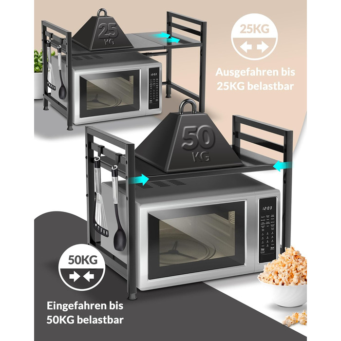 Полиця для мікрохвильової печі, кухонна полиця, стояча, сталь (2-рівнева) Полиця для мікрохвильової печі, шафа для мікрохвильової печі Полиця для зберігання, полиця для пекарні, регульовані по висоті та довжині полиці відеоінструкції, гачки - Чорний, 2-рі