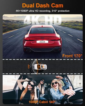 Автомобільна інфрачервона камера нічного бачення abask 4K з широким кутом огляду 310, G-сенсором, циклічним записом, WDR, 24-годин