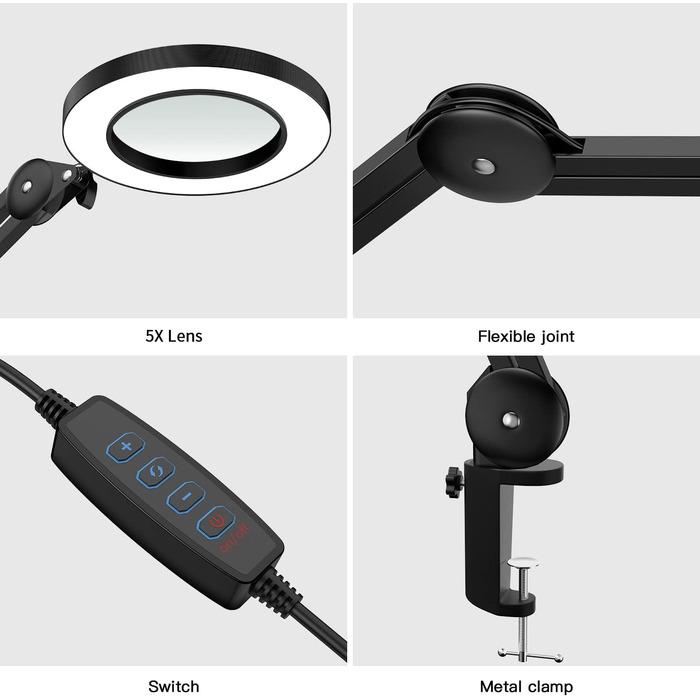 Світлодіодна лупа Лампа Лупа Лампа для робочого місця Косметична лампа, 5 діоптрій, з лінзою діаметром 125 мм з затемненим 3-кольоровим режимом Світло Чорний