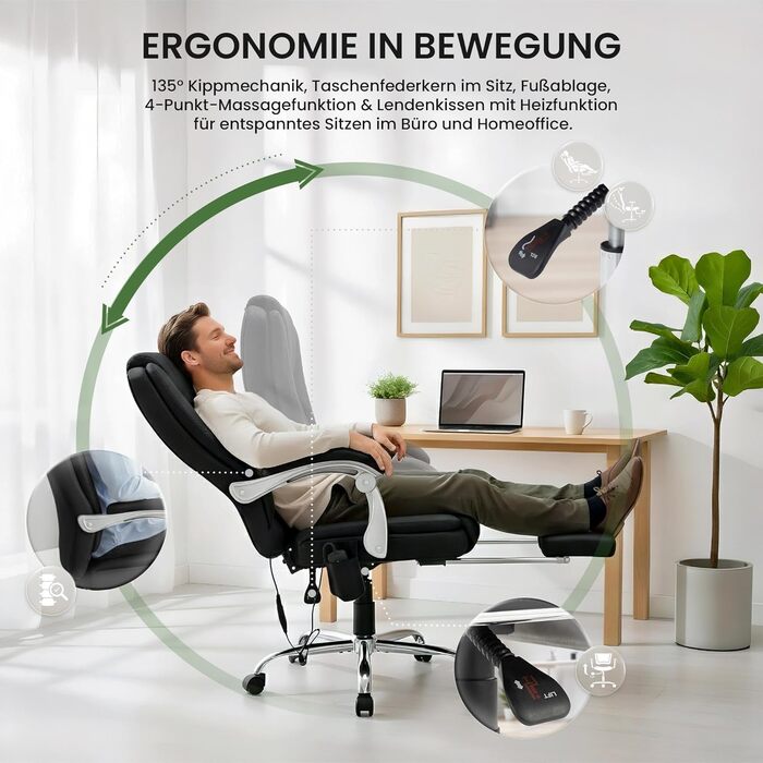 Ергономічне офісне крісло CLP з функцією масажу Rubia, письмове крісло з функцією підігріву та підставкою для ніг, поворотне крісло з регулюванням висоти до 150 кг, колір чорний