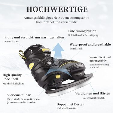 Регульовані ковзани для жінок, чоловіків та дітей, тепла, зручна підкладка та стабільна підтримка щиколотки з лезами з нержавіючої сталі, хокейні ковзани, регулюються до 4 розмірів L (38-41), чорні