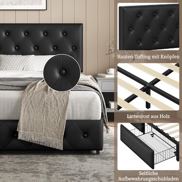 Ліжко Yaheetech з м&39якою оббивкою 140 x 200 см, двоспальне ліжко з 2 шухлядами, узголів&39ям з регульованою висотою, м&39яке ліжко з рейковою основою, багато місця для зберігання, чорний колір