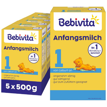 Молочна суміш для немовлят Bebivita 1 First (5 x 500 г), з народження, приємно кремова та ситна, підходить для прикорму