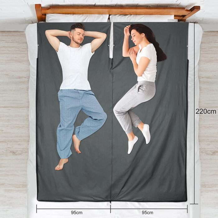 Бавовняний спальний мішок MYCARBON 2-в-1, 95x220 см, надлегкий спальний мішок із захисним чохлом на блискавці, ідеально підходить для походів, подорожей, кемпінгу, активного відпочинку, хостелів, гірських хатин, сірий