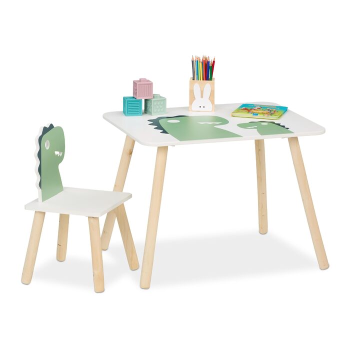 Дитячий комплект сидіння Relaxdays, дизайн динозаврів, дитячий стіл зі стільцем, для дівчаток та хлопчиків, зона відпочинку для дитячих кімнат, білий/зелений