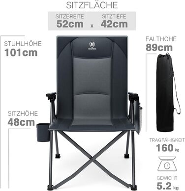 Складане кемпінгове крісло EVER ADVANCED, регульована спинка в 4 положеннях, вантажопідйомність 160 кг, розкладне кемпінгове крісло з бічною кишенею та тримачем для напоїв, рибальське крісло для кемпінгу, саду, балкону, сіре, 2 шт.