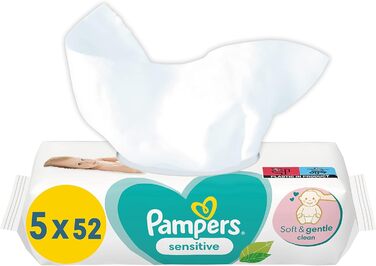 Дитячі вологі серветки Pampers Sensitive Baby, 1200 серветок (15 x 80) для чутливої дитячої шкіри, дерматологічно протестовані, початковий набір для новонароджених, 80 шт. (15 упаковок) (260 шт. (1 упаковка))