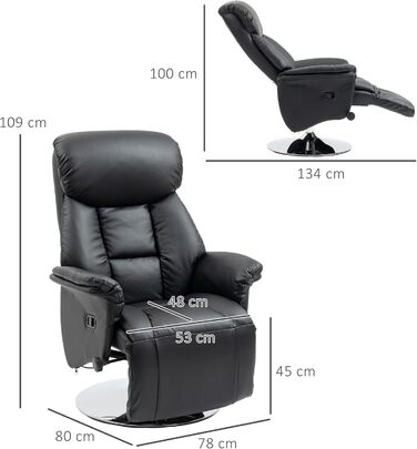 Крісло для телевізора HOMCOM з функцією відкидання, обертове крісло для телевізора з регульованою спинкою, м&39яке крісло-реклайнер, витримує вагу до 150 кг, штучна шкіра, для вітальні, чорний колір