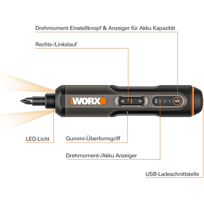 Акумуляторний шуруповерт WORX 4V WX240, 1,5 Агод, 3-швидкісне регулювання крутного моменту, світлодіодне підсвічування, 5/4/2,5 Нм