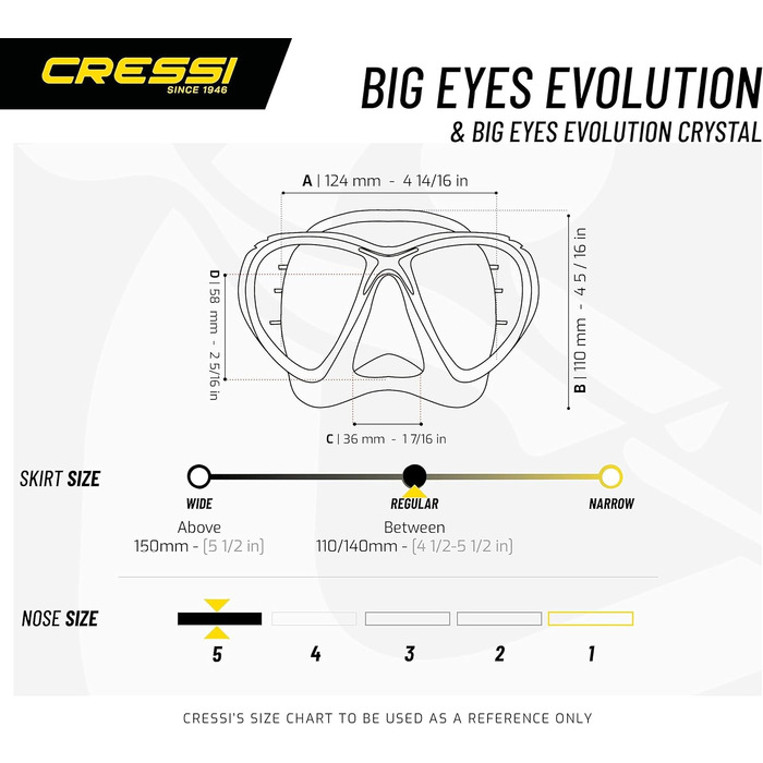 Маска для підводного плавання Cressi Big Eyes Evolution - Маска для дайвінгу для дорослих - Мінімальний внутрішній об&39єм - Швидке регулювання пряжок Маска Big Eyes Evolution Crystal, чорна/жовта